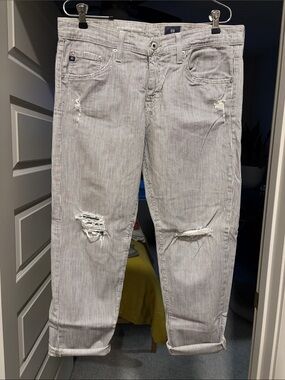 AG Adriano Goldschmied White and Blue Pinstripe Slouchy Slim Boyfriend Jeans